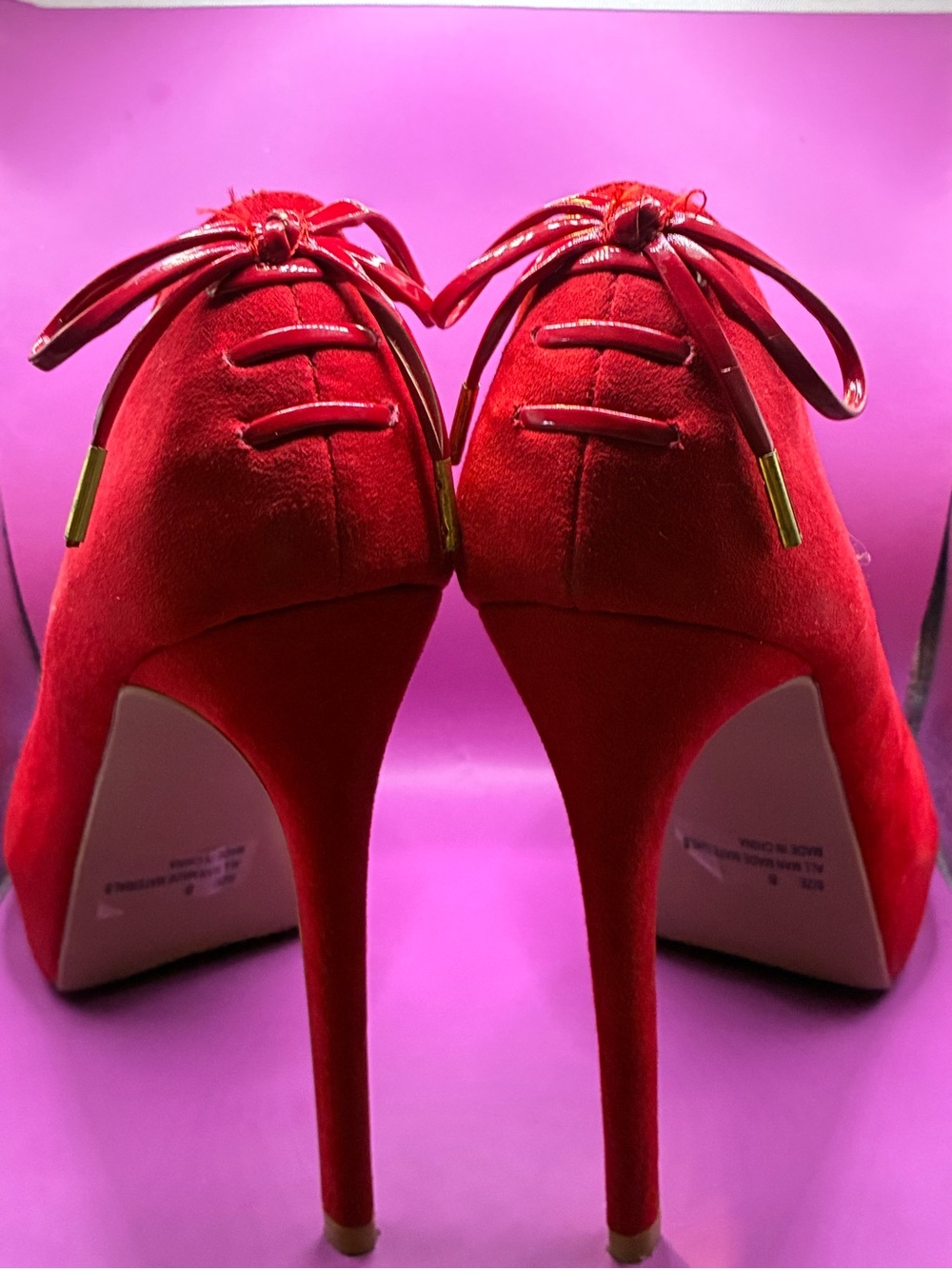 Qupid Red Suede Stiletto Heels with Bow Tie Detail